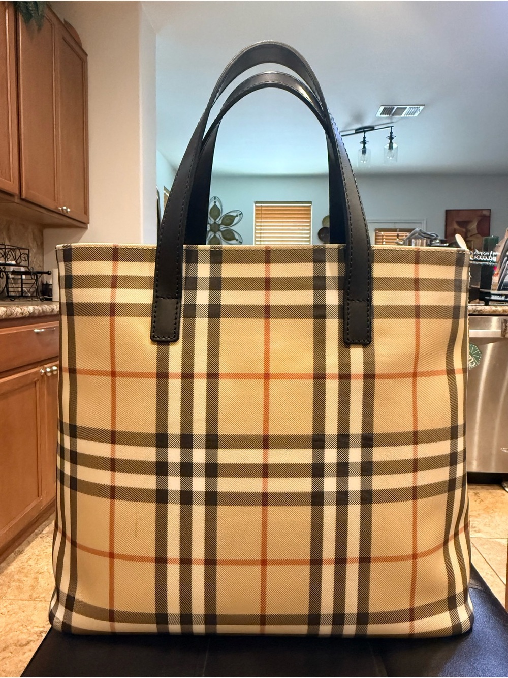 Burberry Beige Plaid Tote with Black Handles